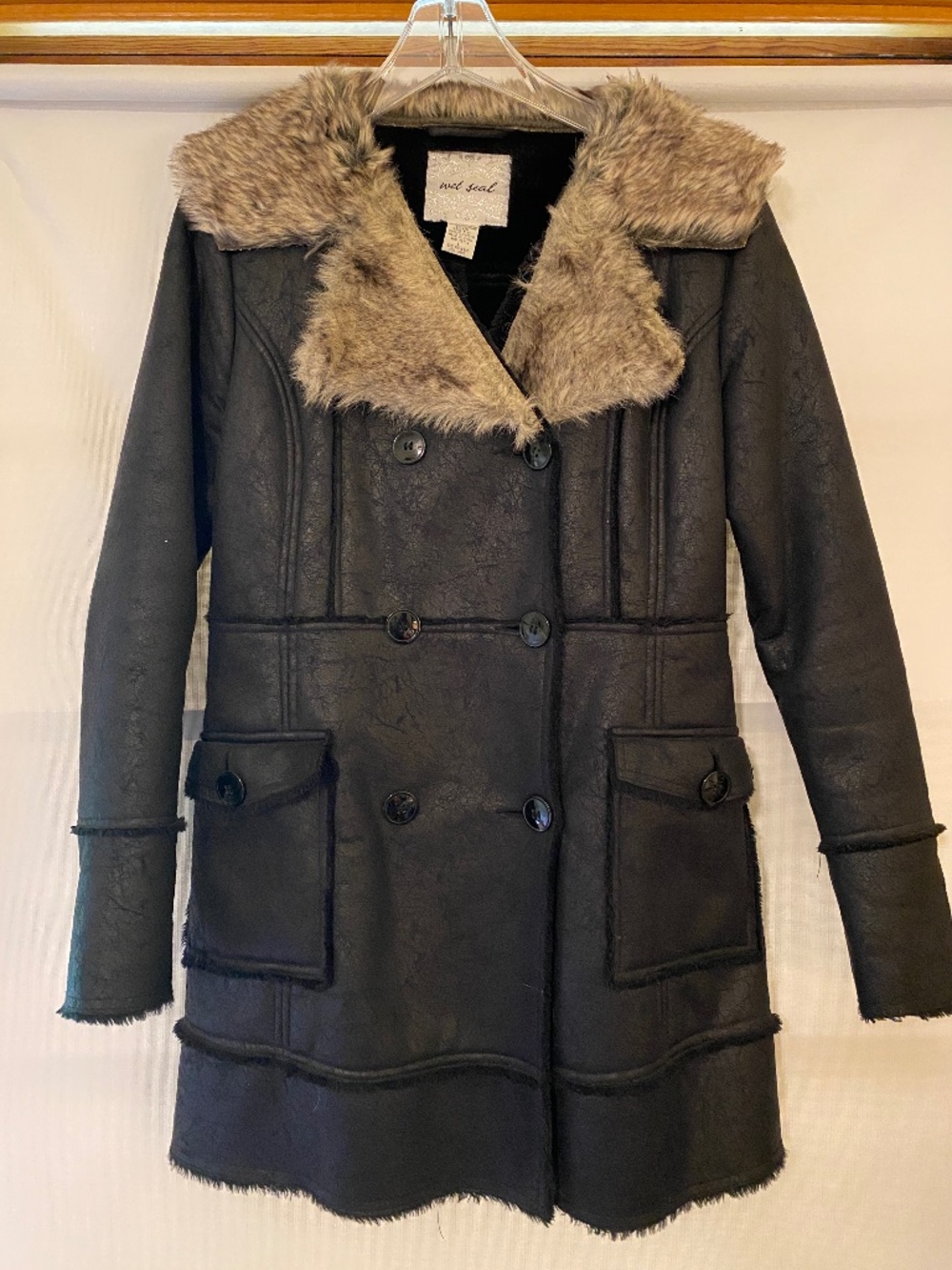 Vintage Wet Seal black double breasted faux fur shearling coat